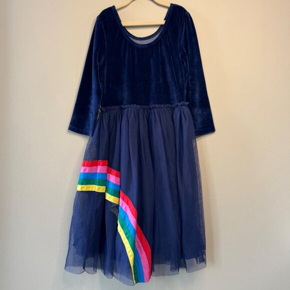 MINI BODEN Rainbow Tulle Dress Girls 11-12 152 Blue Velour Tulle Applique Stars - Picture 2 of 8